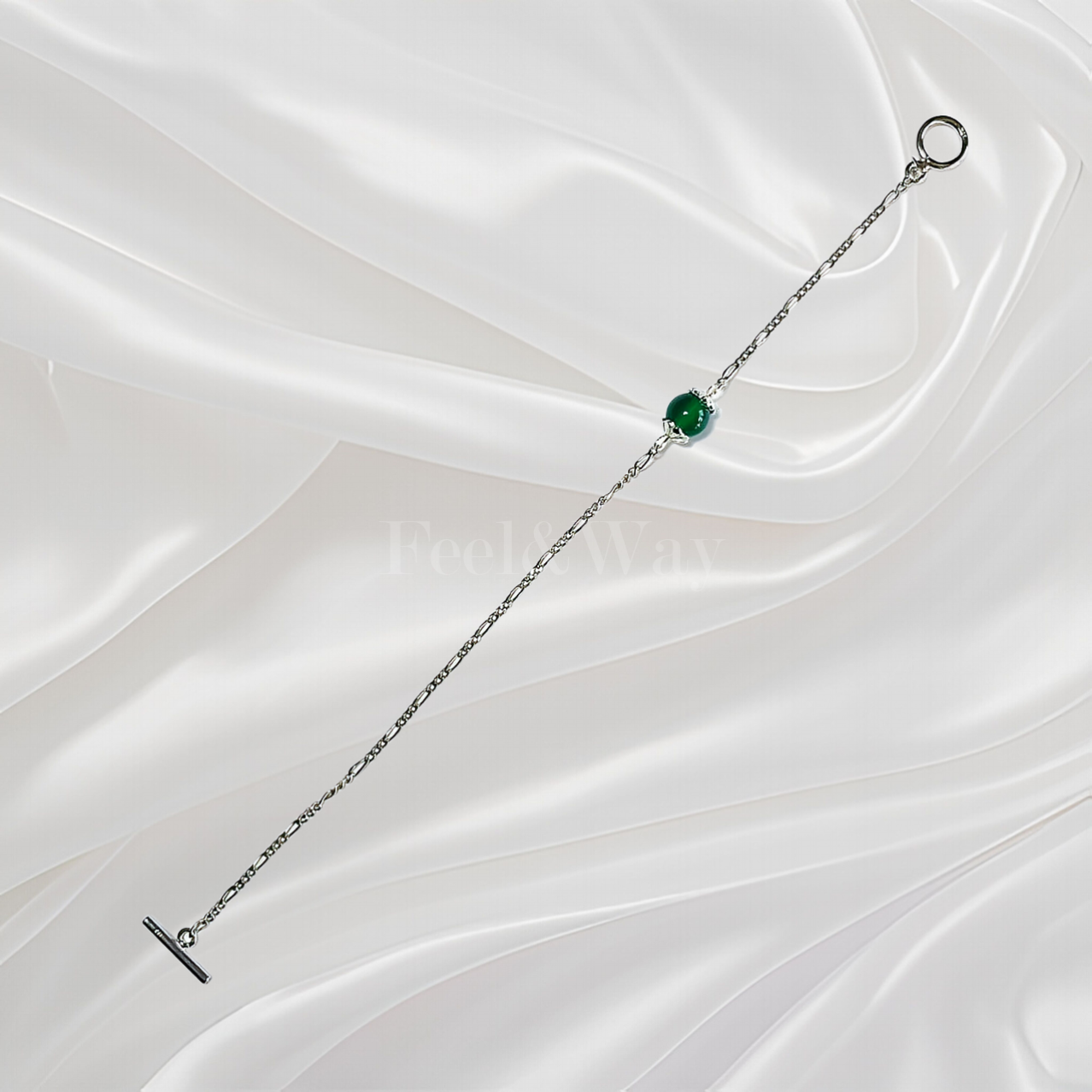 silver bracelet with one green agate powerstone design for business office women and work women